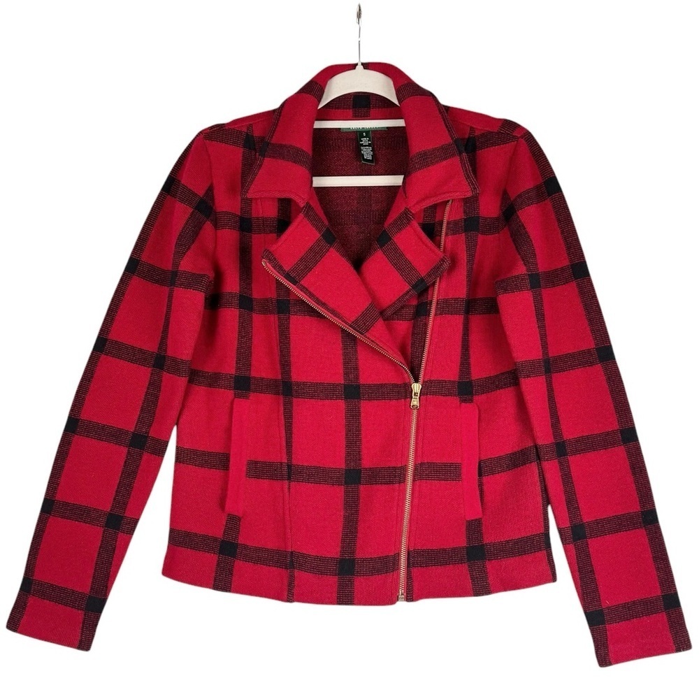 Lauren RALPH LAUREN Buffalo Plaid Window Pane Check Moto Zip Jacket Red Size S